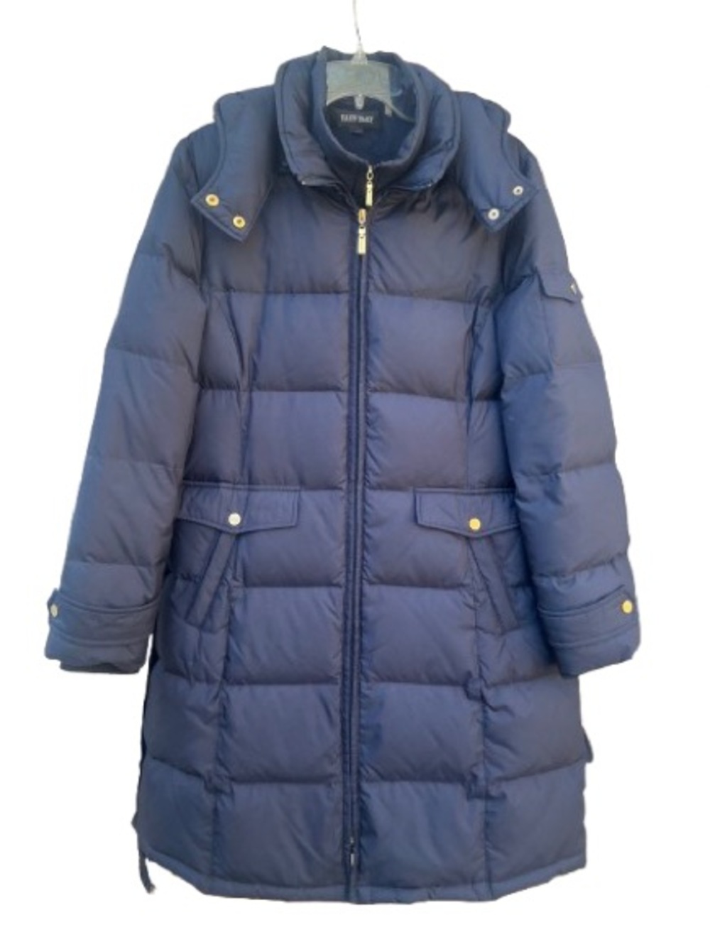 Ellen Tracy Navy Blue Down XL Hooded Belted Winter Parka Storm Cuffs